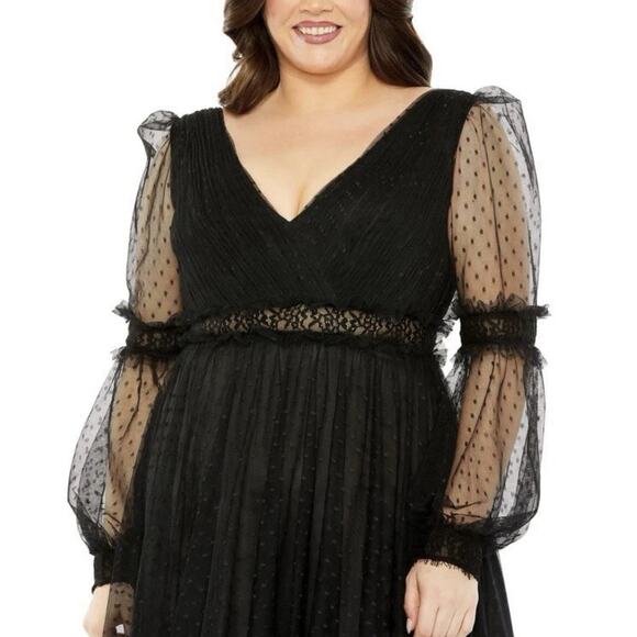 Mac Duggal 68567 Black Sheer Swiss Dot Long Sleeve V Neck Dress Size 12 NWT - Picture 3 of 9